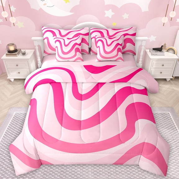 Manfei Geometric Lines Print 7 Pieces Bedding Comforter Set,Waves Stripes Pattern Full Bedding Set,Minimalism Striped Fitted Sheet Flat Sheet For Teens,Breathable Home Decor Reversible