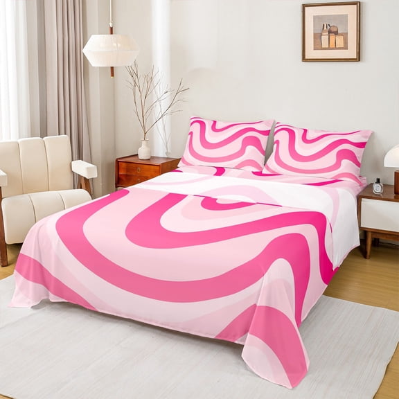 Manfei Geometric Lines Print Bed Sheets,Waves Stripes Pattern King Sheets,Minimalism Striped Sheet Set For Teens,Breathable Home Decor,4pcs