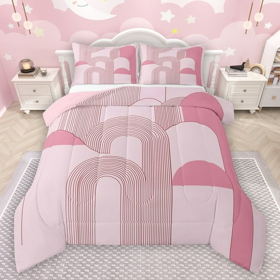 Manfei Geometric Lines Print Bedding Comforter Set,Retro Stripes Pattern Twin Comforter Sets,Girls Pink Circle Bedding Set For Teens,Breathable Home Decor Reversible,2 Pieces