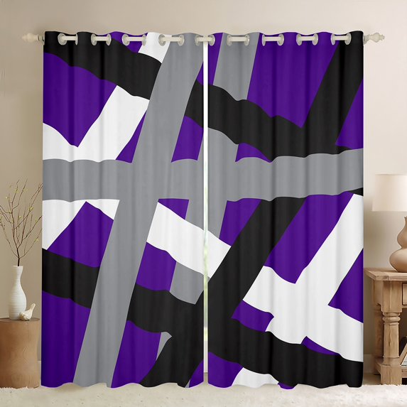 Manfei Geometric Lines Print Blackout Curtains Set of 2 (52x84 Each),Retro Stripes Pattern Window Curtains,Gray Black Purple Curtains and Drapes For Teens,Breathable Home Decor