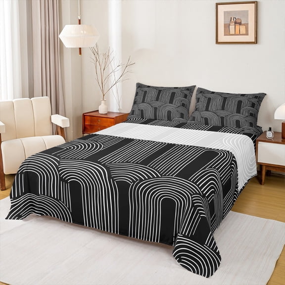 Manfei Geometric Lines Print Queen Sheet Sets,Retro Stripes Pattern Flat Sheet,Gray Black Queen Fitted Sheet For Teens,Breathable Home Decor,4 Pieces