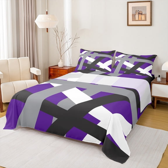 Manfei Geometric Lines Print Twin Sheet Sets,Retro Stripes Pattern Twin Fitted Sheet,Gray Black Purple Flat Sheet For Teens,Breathable Home Decor,3-Piece