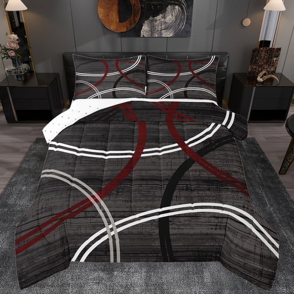Manfei Geometric Lines Queen Comforter Set,Waves Stripe Bedding Sets,White Red Black Bedding Comforter Set For Kids,Ultra Soft Home Decor Reversible,3 Pieces