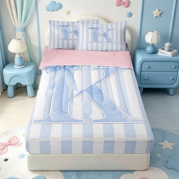 Manfei Geometric Lines Zipper Queen Comforter Set with Fitted Sheet and 2 Pillowcases,Blue Letter K Design Zipper Bedding Set,Pink Reversible,4pcs