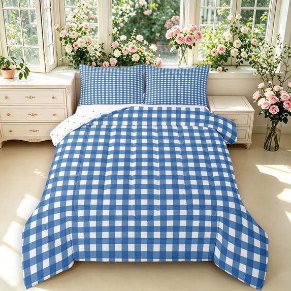 Manfei Geometric Navy Check Full Size Comforter Sets,Classic Plaid Bedding Comforter Set,Reversible,3-Piece,1 Comforter and 2 Pillowcases,3-Piece,1 Comforter and 2 Pillowcases