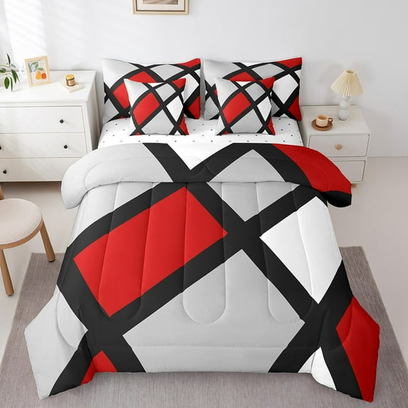 Manfei Geometric Pattern Twin Bedding Sets 7pcs,Patchwork Geometry Plaid Bedding Comforter Set 7pcs,Modern Asbtract Art Sheet Sets,Microfiber Bedroom Decoration Reversible