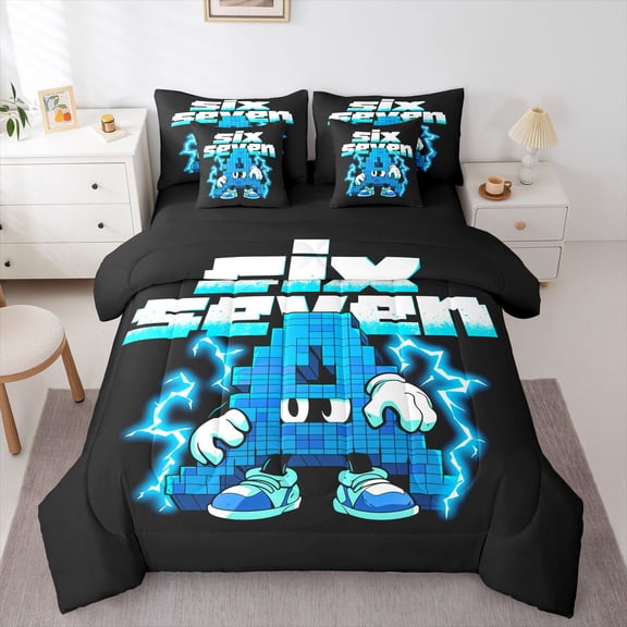Manfei Geometric Pixel Letter A 7-Piece Twin Bedding,Flash Print Bedding Comforter Set,Black Blue,Black Reversible