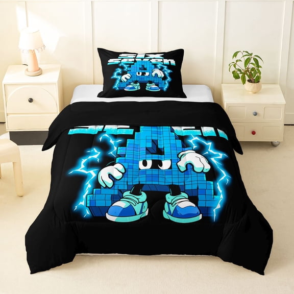 Manfei Geometric Pixel Letter A Twin Comforter Sets,Flash Print Bedding Set,Black Blue,Black Reversible,2-Piece,1 Comforter and 1 Pillowcase