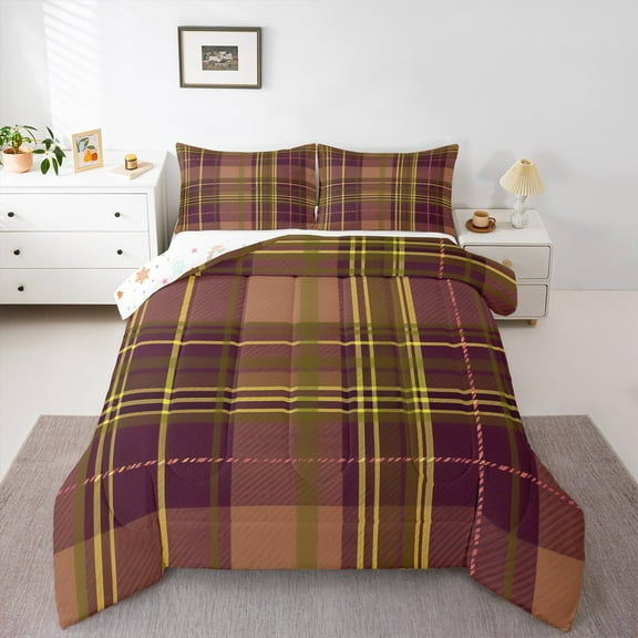 Manfei Geometric Plaid 2pcs Bedding Comforter Set for Teens Female Men,Retro Grid Twin Comforter Sets,Vintage Buffalo Breathable Bedding Set,Ultra Soft Home Decor,Reversible