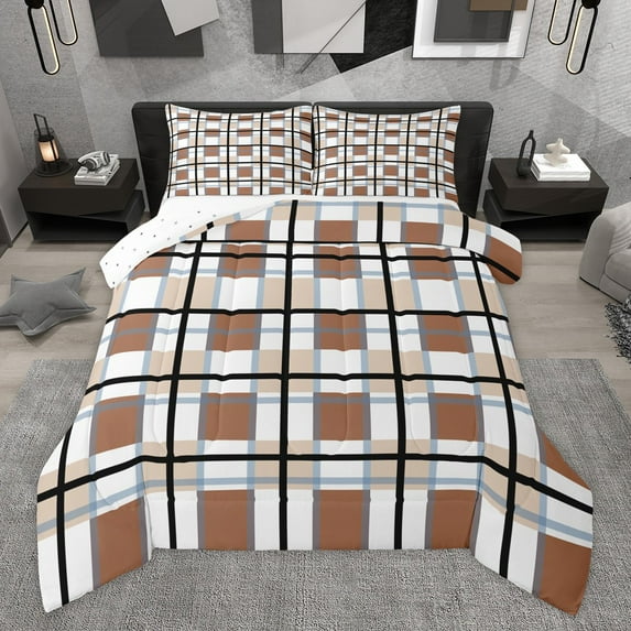 Manfei Geometric Plaid 3 Pieces Queen Comforter Set for Teens Female Men,Retro Grid Ultra Soft Bedding Sets,Vintage Buffalo Bedding Comforter Set,Ultra Soft Home Decor,Reversible