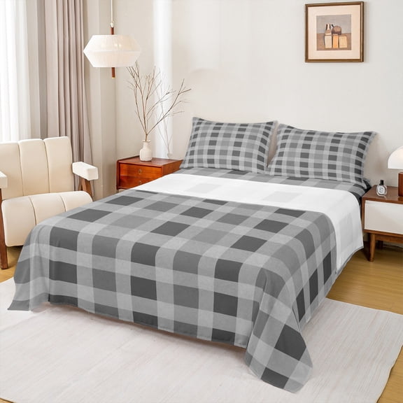 Manfei Geometric Plaid 4 Pieces Queen Sheet Sets,Black Grey Ultra Soft Flat Sheet,Contemporary Abstract Queen Fitted Sheet,Microfiber Grid Room Decorative