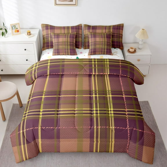 Manfei Geometric Plaid 7-Piece Bedding Comforter Set for Teens Female Men,Retro Grid King Bedding Sets,Vintage Buffalo Ultra Soft Bed Sheets,Ultra Soft Home Decor,Reversible