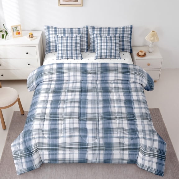 Manfei Geometric Plaid 7 Pieces Bedding Comforter Set for Teens Female Men,Retro Grid Full Bedding Set Lightweight,Vintage Buffalo Fitted Sheet Flat Sheet,Ultra Soft Home Decor,Reversible