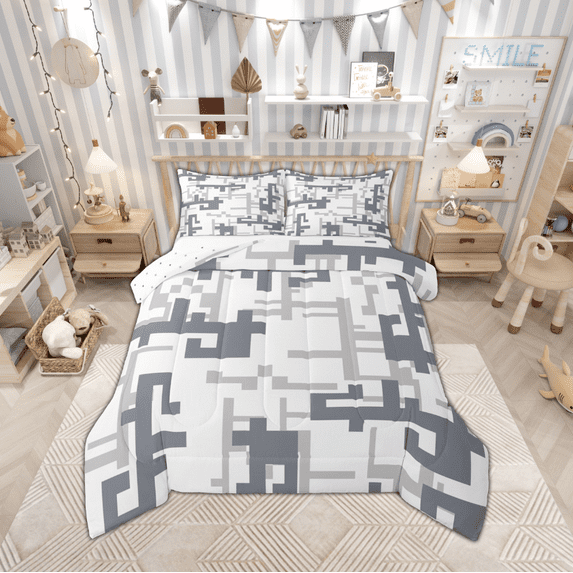 Manfei Geometric Plaid Art Full Size Comforter Sets,Pixel Grid Bedding Comforter Set,Gray White Bedding Sets For Teens,Microfiber Bedroom Decor Reversible,3-Piece