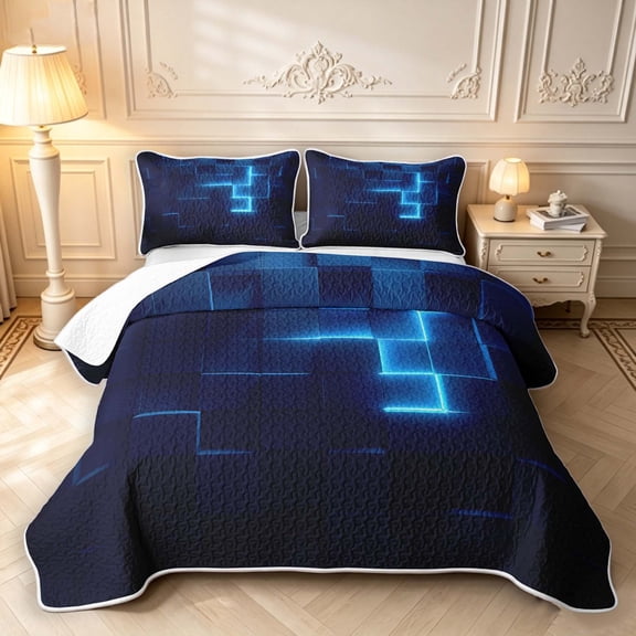 Manfei Geometric Plaid Bed Spread Queen,Abstract Grid Queen Coverlet Set,Navy Blue,3pcs,1 Quilt and 2 Pillowcases