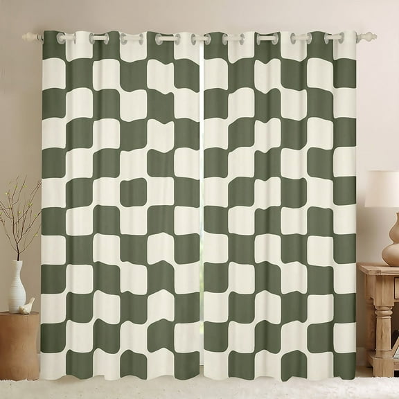 Manfei Geometric Plaid Curtains and Drapes (38x45),Modern Minimalist Art Blackout Curtains for Bedroom,Green Beige Curtains Pack of 2 (38x45),Breathable Room Decorative