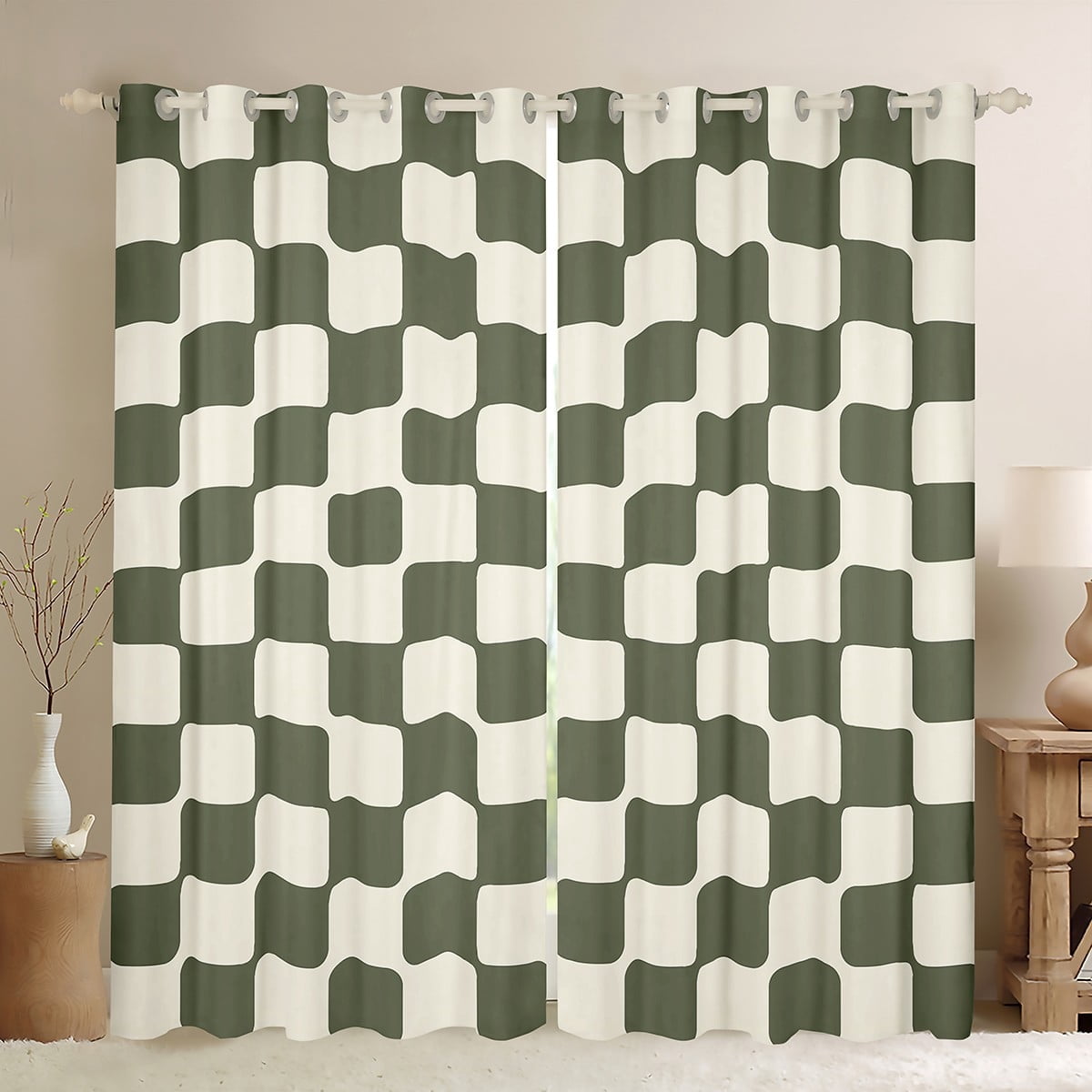 Manfei Geometric Plaid Curtains Pack of 2 (38x54),Modern Minimalist Art Black Out Curtains,Green Beige Curtains for Living Room,Breathable Room Decorative