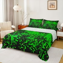 Manfei Geometric Plaid Grid 3pcs Twin Sheet Sets for Boys Girls Kids,Green Neon Lights Twin Fitted Sheet,Futuristic Cubes Breathable Flat Sheet,Microfiber Bedroom Decor