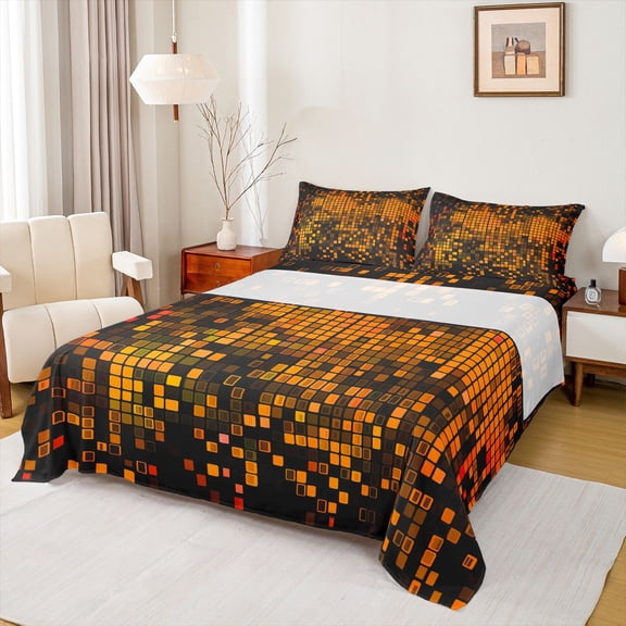 Manfei Geometric Plaid Grid 3pcs Twin Sheet Sets for Boys Girls Kids,Orange Neon Lights Twin Fitted Sheet,Futuristic Cubes Breathable Flat Sheet,Microfiber Bedroom Decor