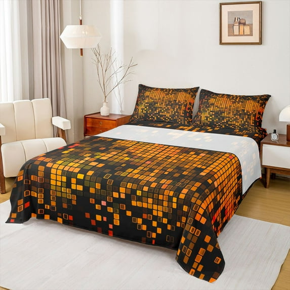 Manfei Geometric Plaid Grid 4 Pieces Queen Sheet Sets for Boys Girls Kids,Orange Neon Lights Ultra Soft Flat Sheet,Futuristic Cubes Queen Fitted Sheet,Microfiber Bedroom Decor