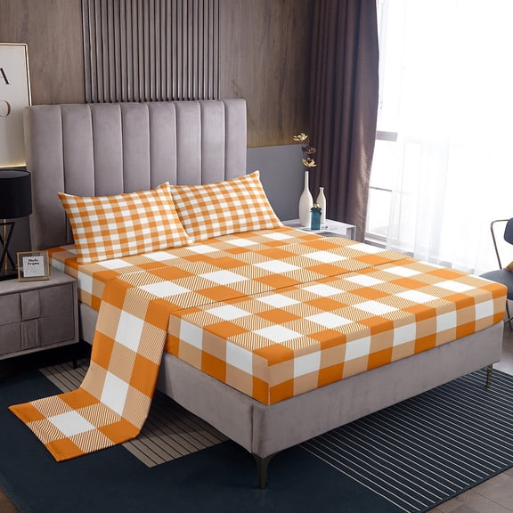 Manfei Geometric Plaid Grid 4 Pieces Queen Sheet Sets for Kids Teens Adults,Orange White Stripes Checkered Ultra Soft Flat Sheet,Minimalist Mid Century Queen Fitted Sheet,Ultra Soft Home Decor