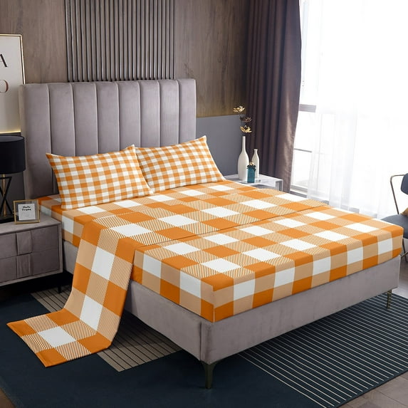 Manfei Geometric Plaid Grid 4pcs Bed Sheets for Kids Teens Adults,Orange White Stripes Checkered King Sheets,Minimalist Mid Century Super Cozy Sheet Set,Ultra Soft Home Decor