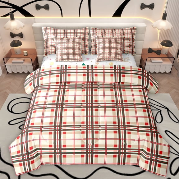 Manfei Geometric Plaid Grid 7-Piece Bedding Comforter Set,Classic Buffalo Print King Bedding Sets,Red Black Stripe Bed Sheets For Kids,Luxury Bedroom Decor Reversible