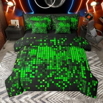 Manfei Geometric Plaid Grid 7-Piece Twin Bedding Sets for Boys Girls Kids,Green Neon Lights Bedding Comforter Set,Futuristic Cubes Breathable Sheet Sets,Microfiber Bedroom Decor,Reversible