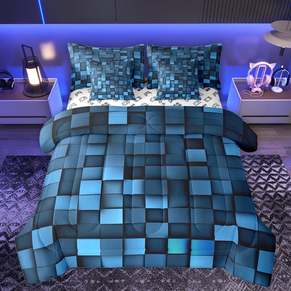 Manfei Geometric Plaid Grid 7pcs Bedding Comforter Set,Classic Buffalo Print Queen Bedding Sets,Blue Check Queen Sheet Sets For Kids,Luxury Bedroom Decor Reversible