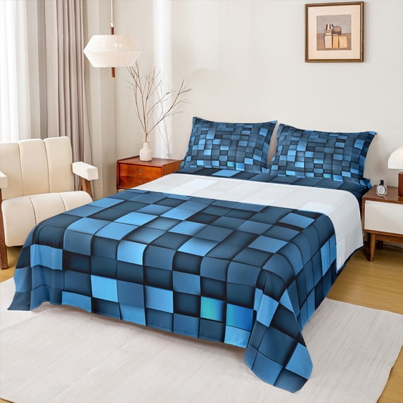 Manfei Geometric Plaid Grid Bed Sheets,Classic Buffalo Print King Sheets,Blue Check Sheet Set For Kids,Luxury Bedroom Decor,4-Piece