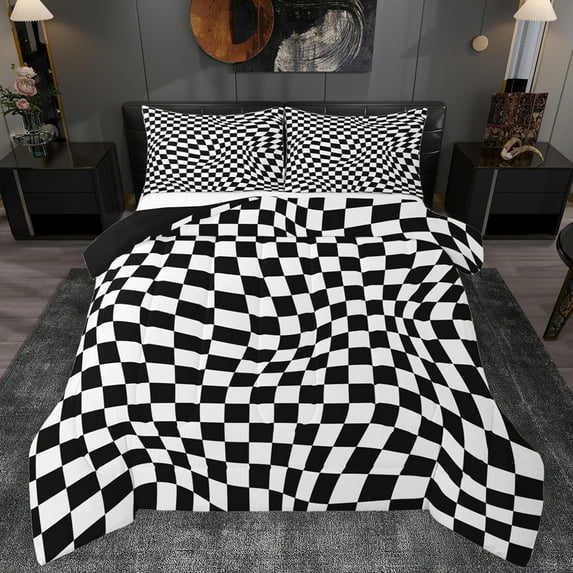 Manfei Geometric Plaid Grid Bedding Comforter Set,Abstract Classic Checkerboard Twin Comforter Sets,White Black Check Bedding Set For Boys Girls,Breathable Home Decor Reversible,2pcs