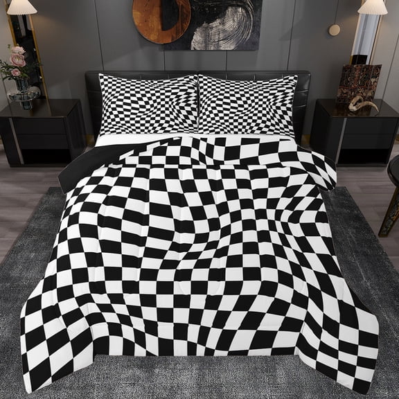 Manfei Geometric Plaid Grid Bedding Comforter Set,Abstract Classic Checkerboard Twin Comforter Sets,White Black Check Bedding Set For Boys Girls,Breathable Home Decor Reversible,2pcs