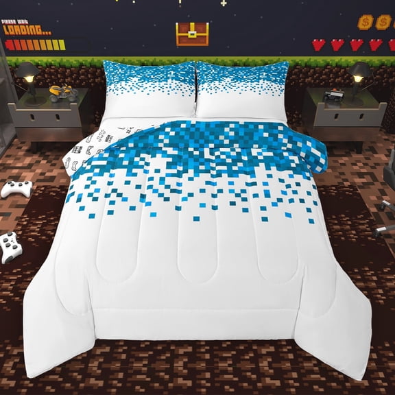 Manfei Geometric Plaid Grid Bedding Comforter Set,Modern Pixel Geometric Twin Comforter Sets,Blue White Bedding Set For Children,Microfiber Bedroom Decor Reversible,2-Piece
