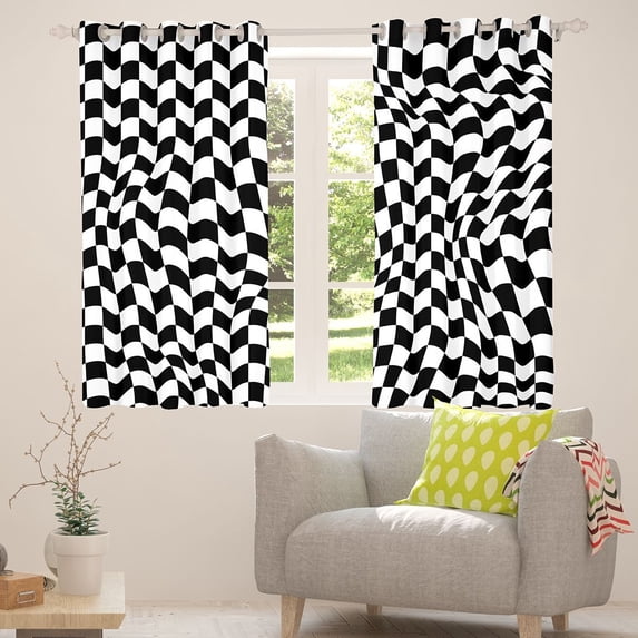 Manfei Geometric Plaid Grid Black Out Curtains,Abstract Classic Checkerboard Curtains Pack of 2 (42x63 Each),White Black Check Bedroom Curtains For Boys Girls,Breathable Home Decor