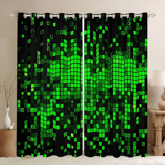 Manfei Geometric Plaid Grid Black Out Curtains for Boys Girls Kids,Green Neon Lights Curtains Pack of 2 (42x63 Each),Futuristic Cubes Bedroom Curtains,Microfiber Bedroom Decor