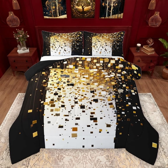 Manfei Geometric Plaid Grid Boy Girl 3 Pieces Queen Comforter Set,Bling Glitter Ultra Soft Bedding Sets,Black Golden Bedding Comforter Set Breathable,Lightweight Room Decor,Reversible