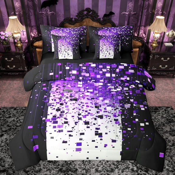 Manfei Geometric Plaid Grid Boy Girl Bedding Comforter Set 7-Piece,Bling Glitter King Bedding Sets,Black Purple Ultra Soft Bed Sheets,Lightweight Room Decor,Reversible