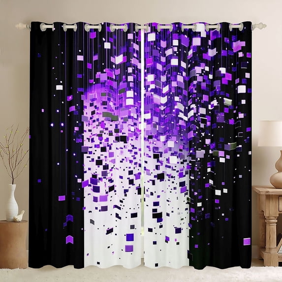 Manfei Geometric Plaid Grid Boy Girl Blackout Curtains Set of 2 (52x84 Each),Bling Glitter Window Curtains,Black Purple Curtains and Drapes,Lightweight Room Decor