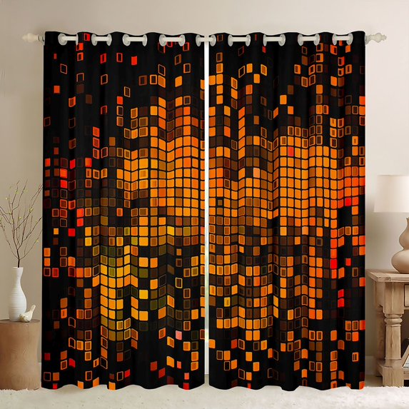 Manfei Geometric Plaid Grid Curtains Pack of 2 (42x84 Each) for Boys Girls Kids,Orange Neon Lights Curtains Blackout,Futuristic Cubes Bedroom Curtains,Microfiber Bedroom Decor