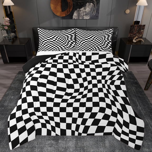Manfei Geometric Plaid Grid Queen Comforter Set,Abstract Classic Checkerboard Bedding Sets,White Black Check Bedding Comforter Set For Boys Girls,Breathable Home Decor Reversible,3 Pieces