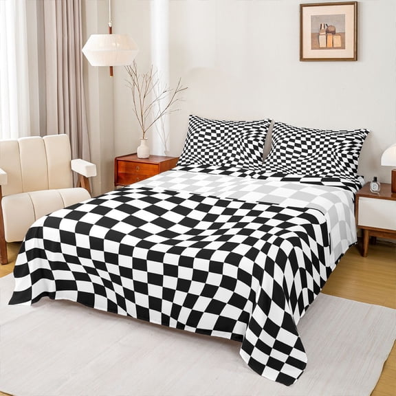 Manfei Geometric Plaid Twin Sheet Set,Classic Checkerboard White Black,Breathable Decor For Kids,3-Piece