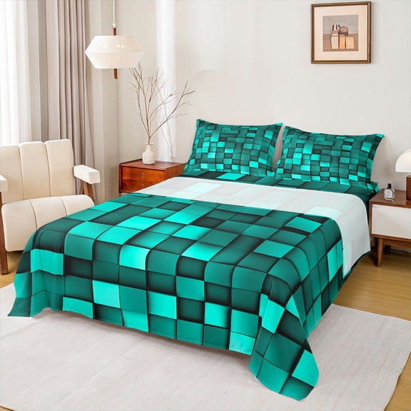 Manfei Geometric Plaid Twin Sheet Set (3-Piece) Cyan Check Print Decor For Teens