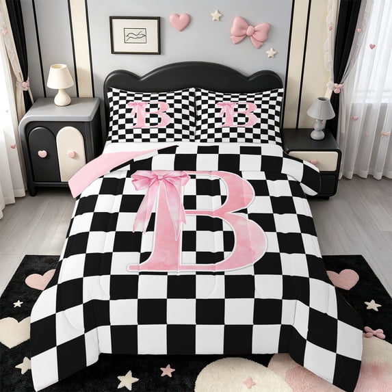 Manfei Geometric Plaid Letter Print B Queen Comforter Set,Pink Coquette Bow Comforter Sets Queen,Pink Reversible,3-Piece,1 Comforter and 2 Pillowcases