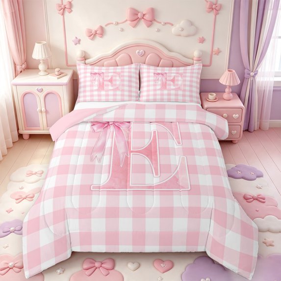 Manfei Geometric Plaid Monogram Print E Queen Comforter Set,Pink Princess Bowknot Comforter Sets Queen,Pink Reversible,3pcs,1 Comforter and 2 Pillowcases