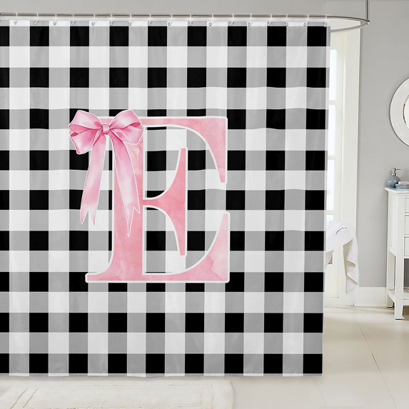 Manfei Geometric Plaid Monogram Print E Shower Curtain 72Wx84L,Princess Bowknot Bathroom Shower Curtain