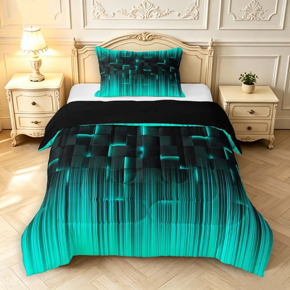 Manfei Geometric Plaid Twin Comforter Sets,Abstract Grid Bedding Set,Black Teal,Black Reversible,2-Piece,1 Comforter and 1 Pillowcase,2-Piece,1 Comforter and 1 Pillowcase