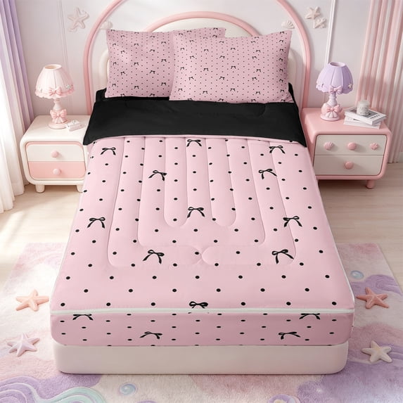 Manfei Geometric Polka Dot Print Zipper Twin Comforter Sets with Fitted Sheet and 2 Pillowcases,Pink Girly Bowknot Zipper Bedding Set,Black Reversible,4-Piece