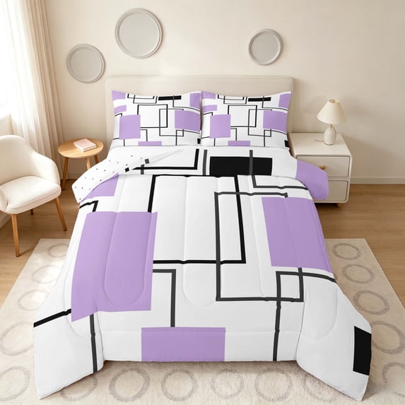 Manfei Geometric Purple Black Square Queen Comforter Set,Contemporary Simple Art Comforter Sets Queen, Reversible 3pcs, 1 Comforter and 2 Pillowcases