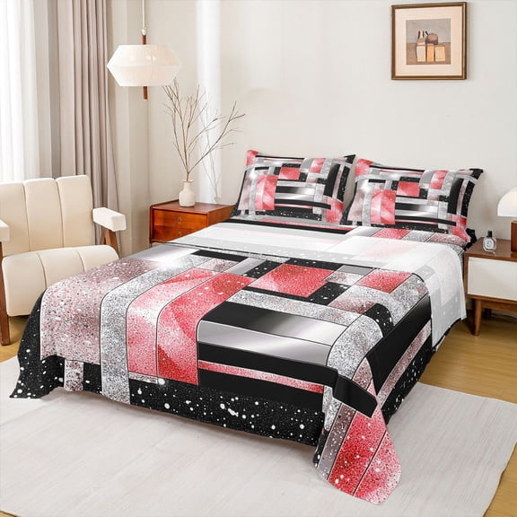 Manfei Geometric Rectangle Boy Girl 4 Pieces Queen Sheet Sets,Bling Glitter Ultra Soft Flat Sheet,Vintage Aesthetic Queen Fitted Sheet,Lightweight Room Decor