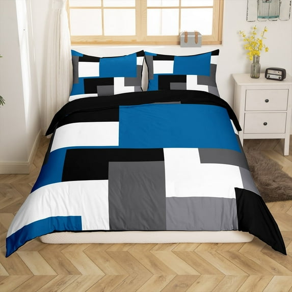 Manfei Geometric Sqare 2pcs Duvet Cover Twin for Kids Teens Female Men,Vintage Aesthetic Abstract Artwork Bedding Sets Twin Size,Grey Blue Comforter Cover Breathable(No Comforter)